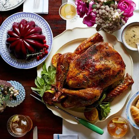 Thanksgiving turkey on display with trimmings